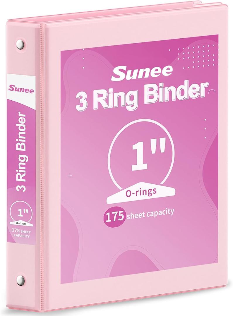 SUNEE 3 Ring Binder 1 Inch Pink 1 Pack, Holds 175 Sheets of Letter Paper, Clear View 1" Three Ring PVC-Free (Fit 8.5x11 Inches) for School or Office Supplies