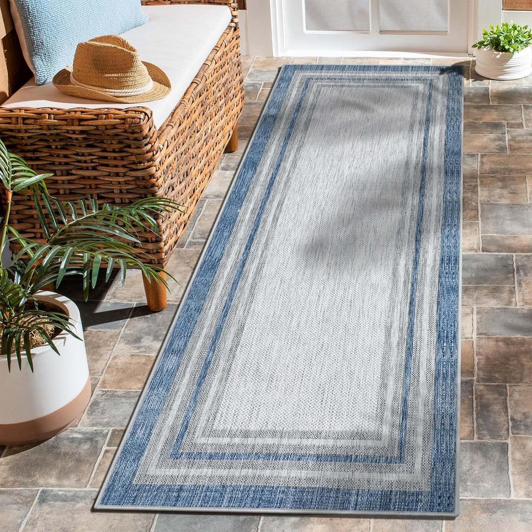 Beeiva Bordered Laundry Room Rug, Washable 2x6 Kitchen Runner Rug Printed Blue Carpet with Rubber Backing, Modern Runners for Hallways Non Slip Carpet for Bedroom Kitchen Bathroom