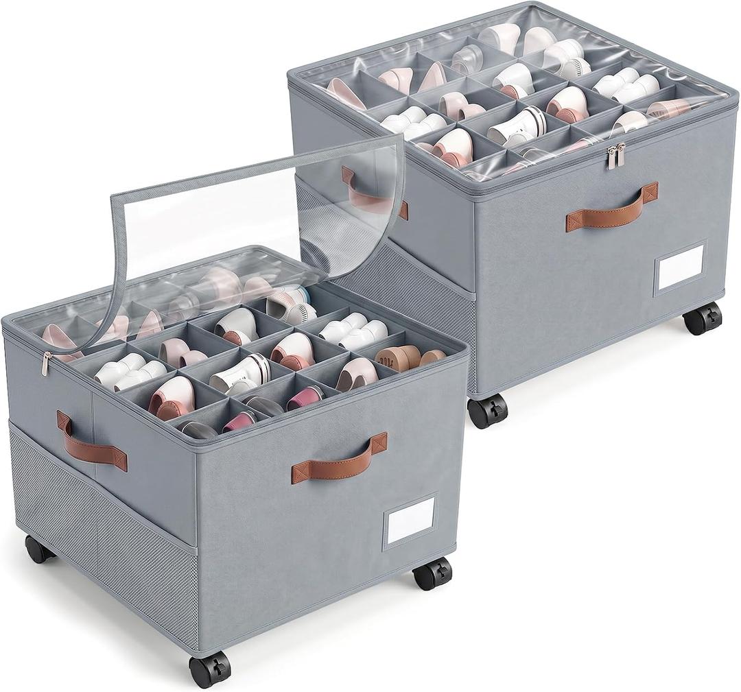 Shoe Organizer for Closet with Wheels - 2 Pack Shoe Storage Box Bin Cubes | Detachable Wheels | Fits 32 Pairs | Adjustable Dividers | Side Pockets | Clear Cover | Foldable | Stackable | Label Holder