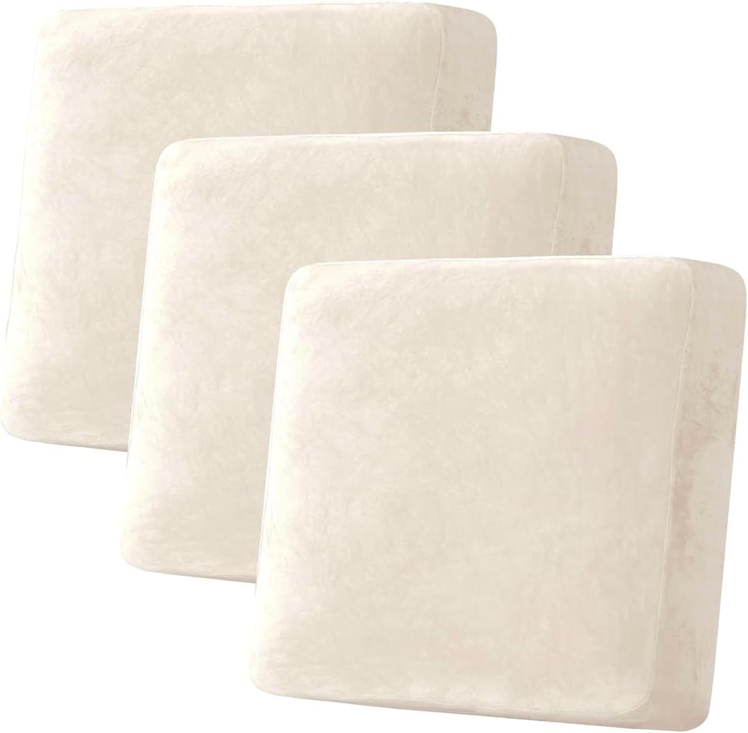 H.VERSAILTEX Velvet Stretch Couch Cushion Cover Plush Cushion Slipcover for Chair Loveseat Sofa Cushion Furniture Protector Seat Cushion Sofa Cover (3 Piece XL Sofa Cushion Covers, Cream)