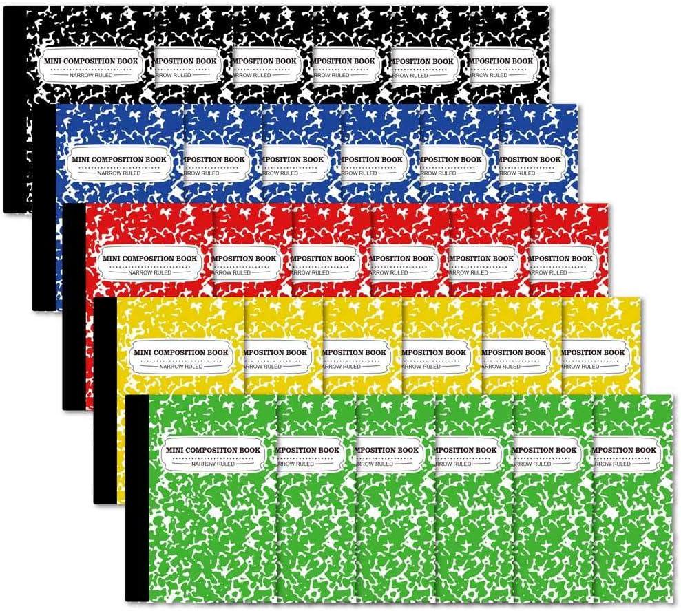 feela Composition Notebook, Mini Sized 30 Pack 5 Colors Narrow Ruled Mini Composition Books Bulk, Small Pocket Marble Cute Journal Notebooks for Kids School Home Office, Pocket Sized 4.5 x 3.25 in