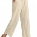 Auravista Women Casual Lightweight Drawstring Elastic Waist Pants with Pocket Linen Capri Pants Summer Beachwear White, M