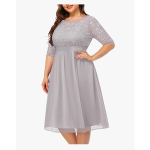 Pinup Fashion Plus Size Black Dress Funeral Wedding Guest Lace Chiffon Short Formal Cocktail Party Midi Dress Women 18W Grey