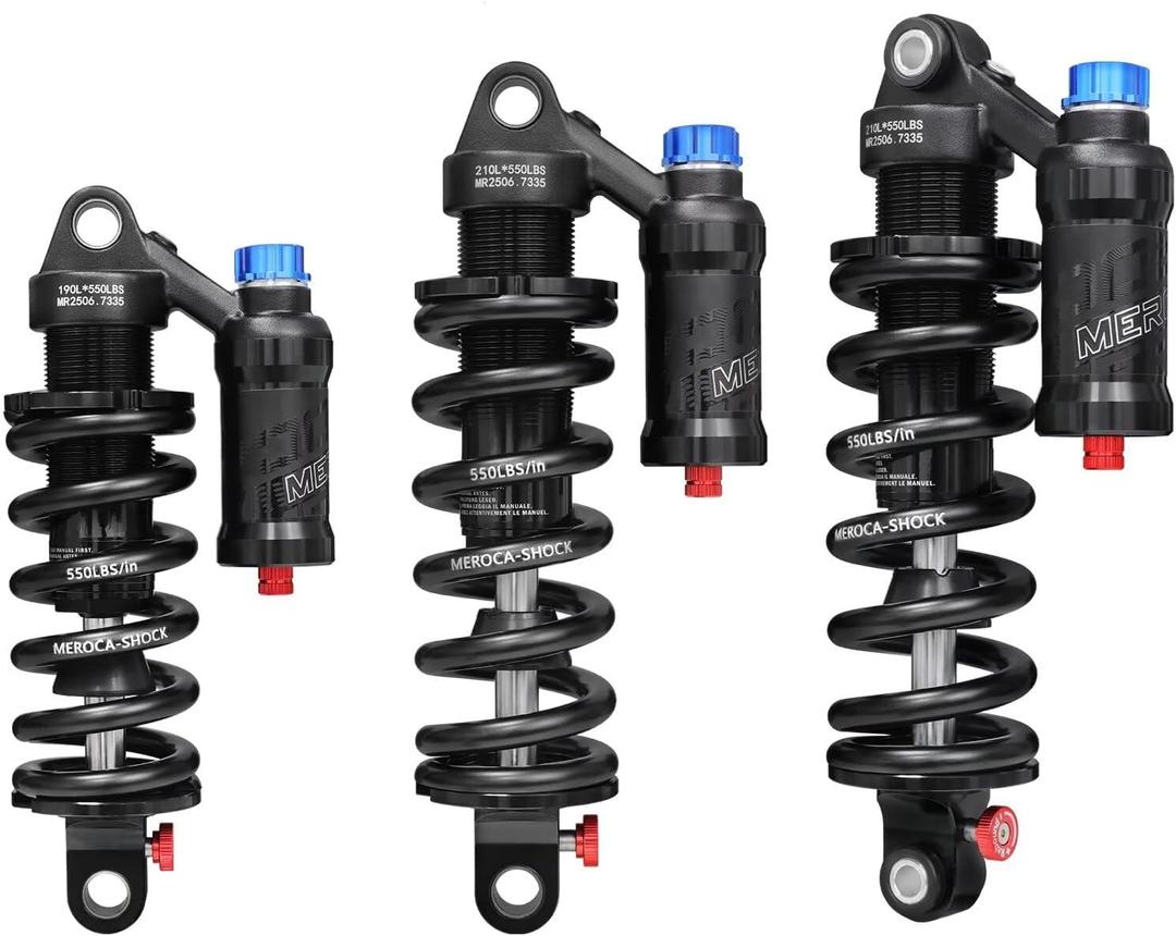 MEROCA Adjustable Air Spring Coil Over Shock Absorber for Mountain Bikes, 190-265mm, 550LBS Spring, Rebound, Compression, Preload, and Air Pressure (200-300 PSI) Fits MTB/Downhill/eBikes