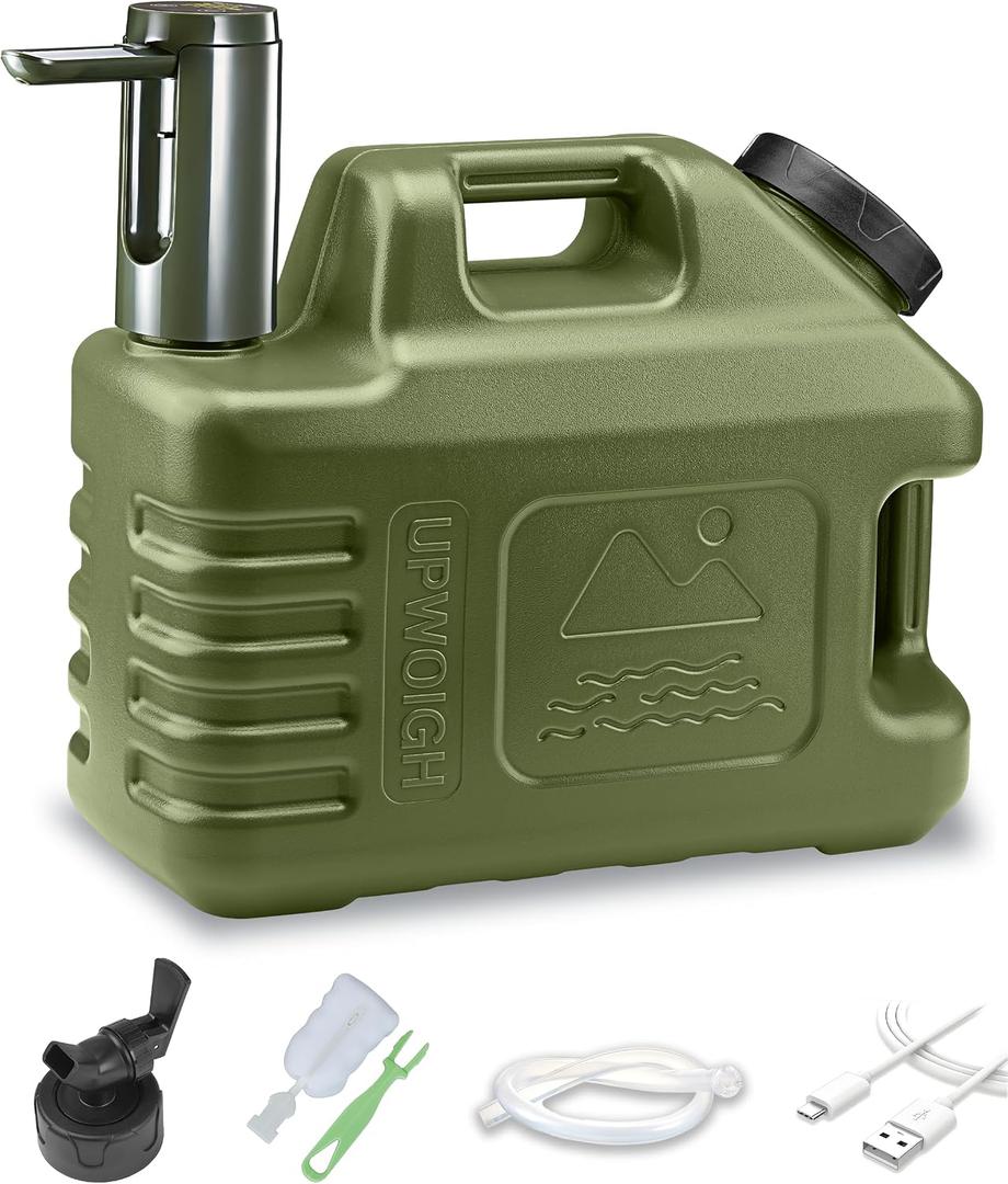 UPWOIGH 3.5 Gallon Portable Water Jug in Dark Green with Screw-Lock Leakproof Touch Pump, Nature-Inspired Carved Container with Spigot, Type-C Rechargeable Outdoor Water Tank for Camping Hiking
