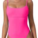 QINSEN Womens Seamed Cup Spaghetti Straps One Piece Bathing Suits Tummy Control Cheeky Swimsuit (Pink, L)
