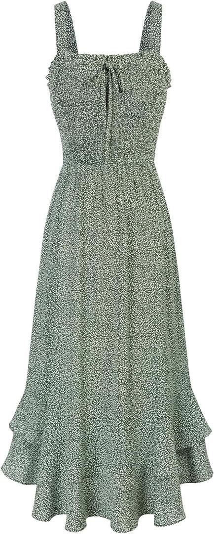 GRACE KARIN Women's 2025 Summer Floral Boho Dress Square Neck Strapped Swing A Line Sundress Beach Long Maxi Outfits (Green) XL 