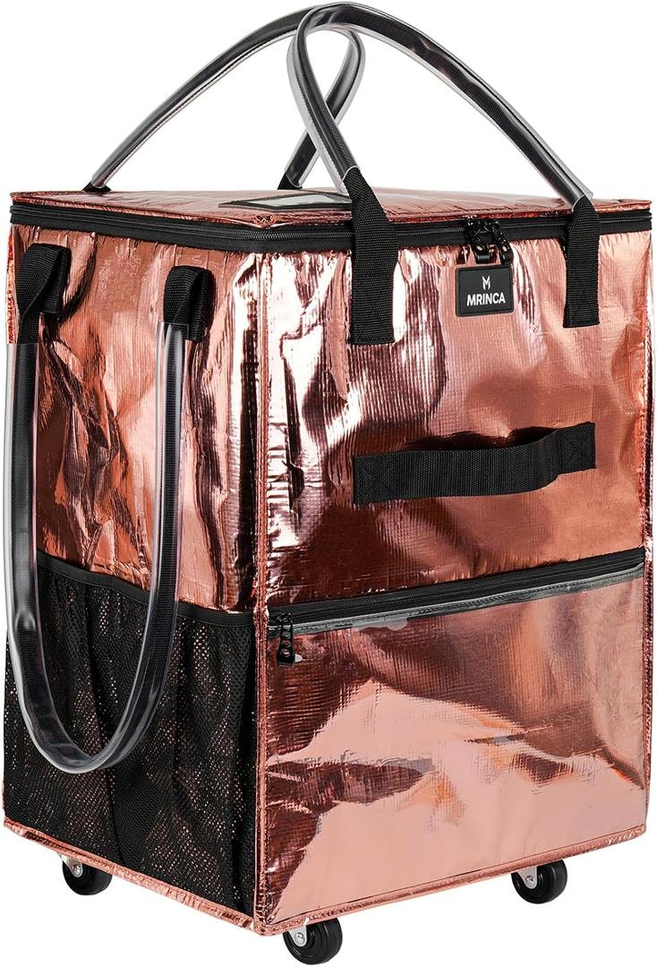 Reusable Grocery Bag on Wheels, 130L Large Capacity Foldable Shopping Trolley Cart with 5 Swivel Wheels, Multiple Pockets, Zipper Closure & Heavy Duty Handles, for Shopping, Travel, Large, Rose Gold