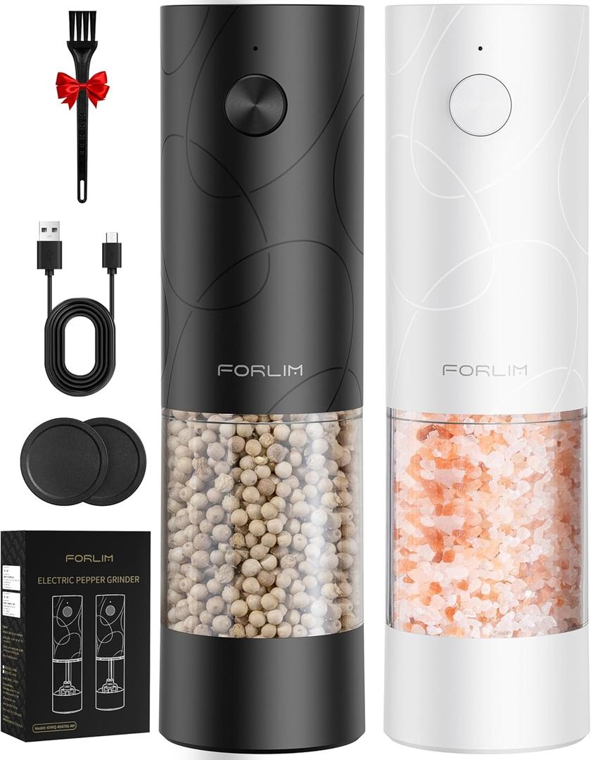 Electric Salt and Pepper Grinder Set, USB Rechargeable, Automatic Salt Pepper Mill Grinder with Dust Cover, One-Button Control, Adjustable Coarseness, Warm LED Light (2 Packs, Black&White)