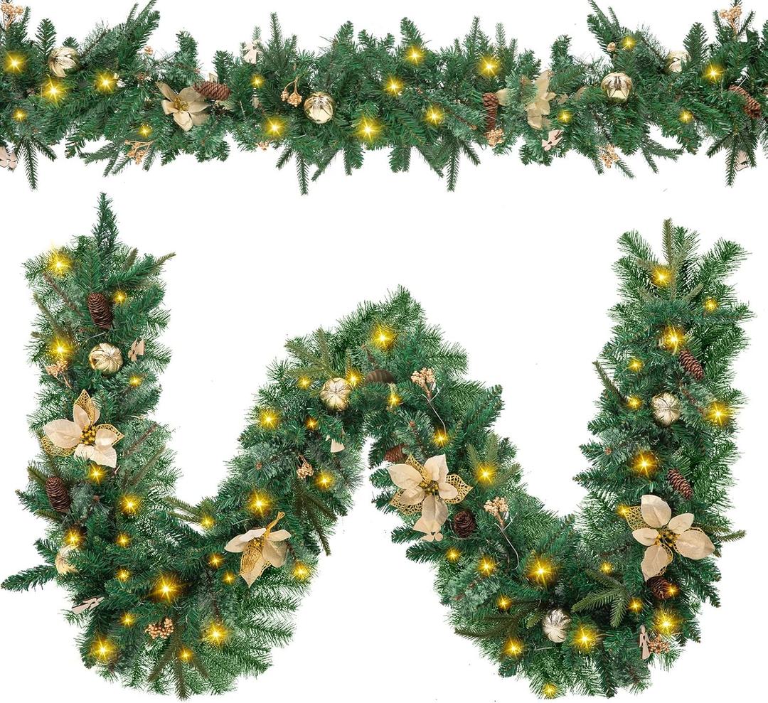 9FT Christmas Garland with Lights & Timer, Pre-Lit Artificial Christmas Garland, Pine Cones, Indoor Outdoor Xmas Decoration for Stairs, Fireplace, Mantel, Porch, Holiday Home Decor (Gold)