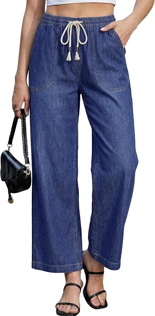 luvamia Wide Leg Jeans for Women Trendy High Waisted Pull On Elastic Waist Drawstring Ankle Length Denim Trouser Pants (Medium, Dark Blue)