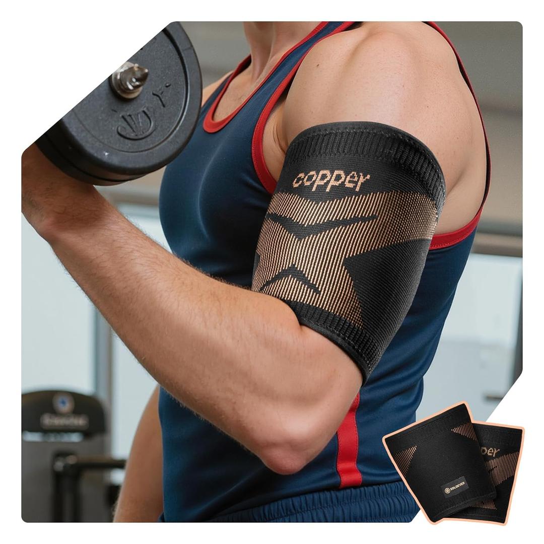 Copper-Infused Bicep Tendonitis Brace 1 Pair [Medical-Grade Compression  Ultra Comfort] Tricep Bicep Compression Sleeve For Muscle Strains Recovery,Upper Arm Compression Sleeve For Men & Women (Large, Deep Gold)