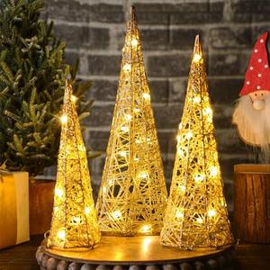 Baquler 2 Packs LED Lighted Christmas Cone Trees Christmas Tree Ornament Gold Glittered Battery Operated Christmas Decoration Xmas Table Decor for Indoor Home Bedroom Tabletop Centerpiece Holiday Party