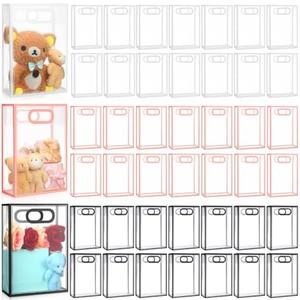 Dunzoom 50 Pcs Clear Plastic Gift Bag with Handle Reusable Transparent Pink Party Favor Flower Bag for Wedding Bridal Birthday Mother Day Gift 10.2 x 7.1 x 3.2''(Black Pink White Trim)