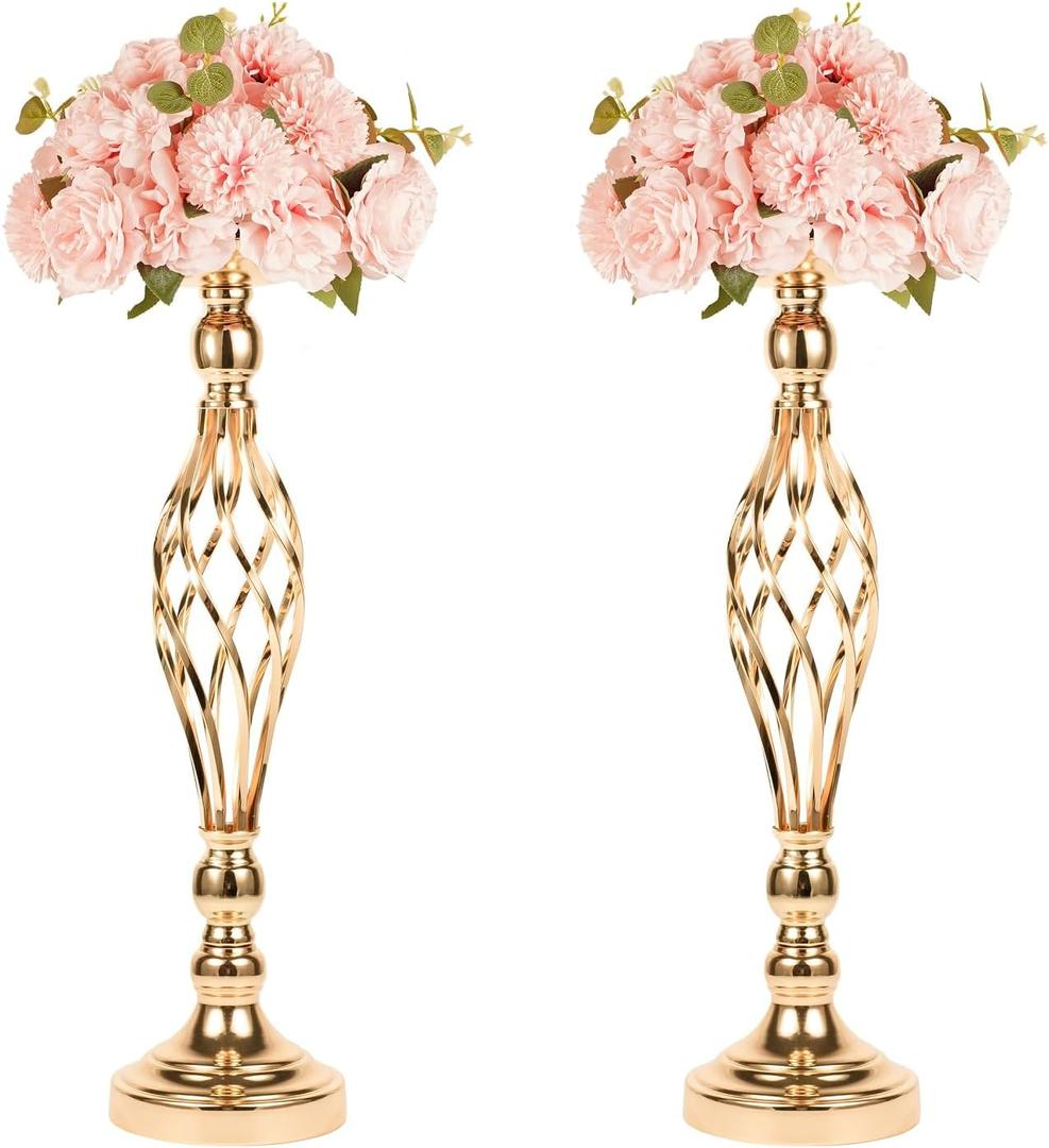 LANLONG 2pcs Metal Gold Candle Holders Road Lead Table Centerpiece Stand Pillar Candlestick for Wedding Candelabra Flowers Vases (2M)