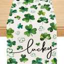 Siilues St Patricks Day Table Runner, Lucky St Patricks Day Decoraions Green Shamrock Seasonal Spring Holiday Table Decorations for Indoor Outdoor Dining Table Decor (13'' x 48'')