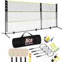 Complete Badminton Sets (10FT/17FT) Adjustable Width, Adjustable Height (2.8/5.1/7.4FT), Badminton Pickleball Volleyball Set with Net, 4Racket+4Paddels+Volleyball for Outdoor Family Game.