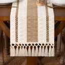 DeZerlor Boho Macrame Table Runner Christmas Farmhouse Woven Table Runner with Tassels 90 Inches Ivory& Burlap Brown Cotton Linen Kitchen Table Centerpiece for Dining Dresser Home Tea Table Decor (12" x 90")