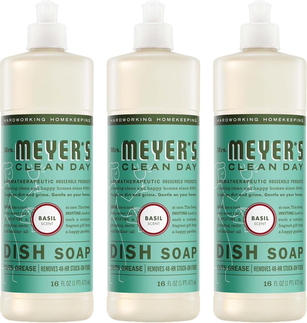 MRS. MEYER'S CLEAN DAY Liquid Dish Soap, Basil Scent, 16 Fl Oz Bottle - 3 Pack