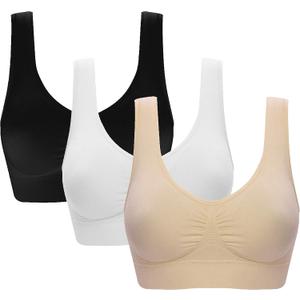 Vermilion Bird Women's 3 Pack Seamless Comfortable Sports Bra with Removable Pads M/ Shirt Size 6, 8 Black &White &Nude