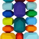 Cllayees 16 Pcs Wooden Stacking Blocks Rocks Building Toys, Colored Solid Wood Stones Pre-School Educational Games Creative Toys for Kids Toddlers