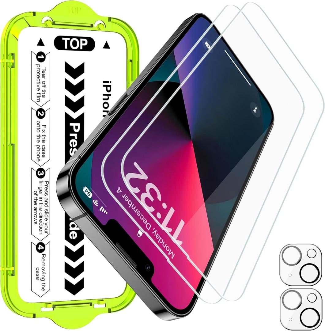 Esanik [2+2 Pack for iPhone 13 Tempered Glass Screen Protector & Camera Lens Cover - Military-Grade 9H Hardness, HD Clear, Anti-Scratch, Flawless Fit Tray