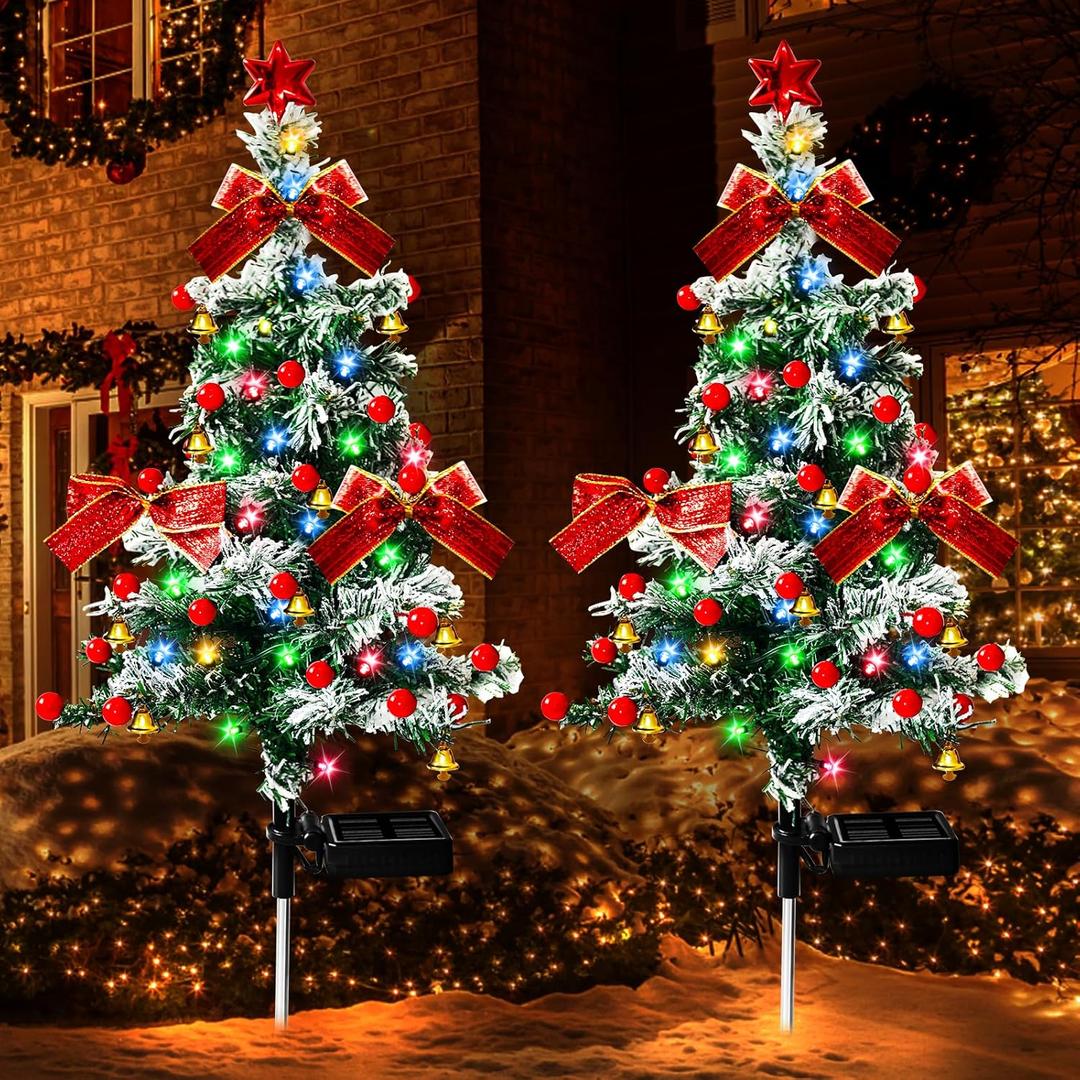 Solar Christmas Trees Lights Outdoor Decoration Waterproof, 40LED Small Solar Power Xmas Tree Pathway Lights, Solar Garden Decorative Stake Lights Yard Decor with Snow 2 Modes for Path Lawn Patio,2PCS