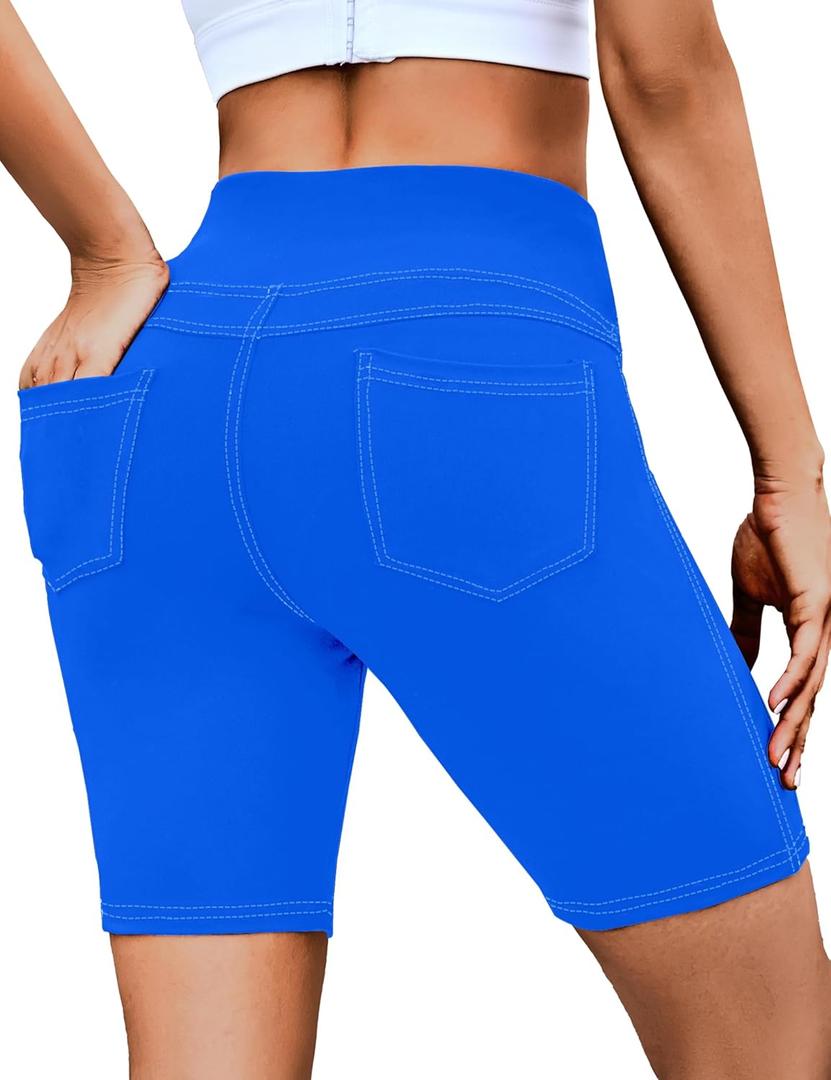 VOOVEEYA 5"/8" High Waisted Yoga Biker Shorts with Pockets for Women - Butt Lifting Workout Spandex Booty Gym Shorts (8 Classic Blue)