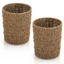 Havawish 2 Pcs Seagrass Wicker Waste Basket Handwoven Woven Trash Can 1.8 Gallons Boho Wicker Wastebasket Round Natural Wastebasket Garbage Bin for Bedroom Offices Home Decoration, Natural Color