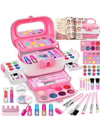 Hollyhi 58 Pcs Kids Makeup Kit for Girl, Princess Toys Real Washable Cosmetic Set with Mirror, Kids Makeup Sets for Girls, Play Make Up Birthday Gifts for 3 4 5 6 7 8 9 10 11 12 Years Old Kid (Pink)