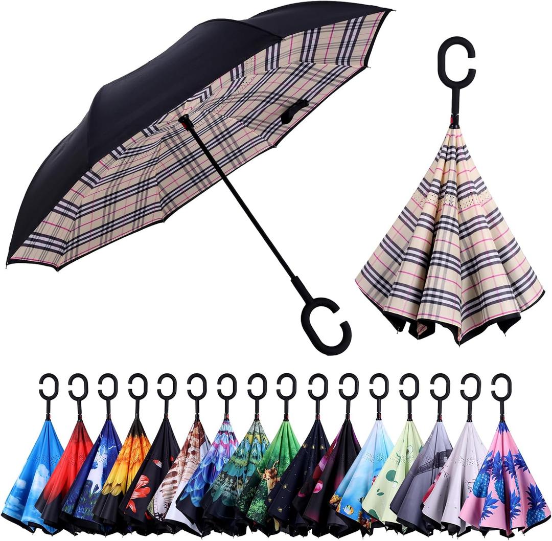 Inverted Reverse Umbrella with C-shaped Handle Windproof Upside Down Umbrellas for Rain Double Layer Hands Free Umbrella for Women and Men (Yellow Plaid)