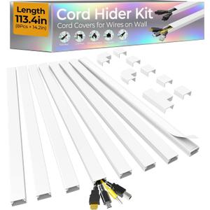 113.4in Cord Hider Kit, Cord Covers for 2-4 Wires on Wall, Self-Adhesive Cable Hider Wire Covers for Cords on Wall, Paintable Cord Hider for Walls Mount Tv, Cable Cover Raceway, W0.95 H0.55in, White