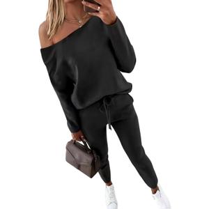 CHICME Women Tracksuit Fall 2 piece Outfits Off The Shoulder Long Sleeve Tops and Pants Set Travel Outfits (Black, L)