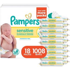 Pampers Sensitive Baby Wipes, Water Based, Clinically Proven, Hypoallergenic, and Unscented for Babies, 1008 Wipes Total (18 Flip-Top Packs) 