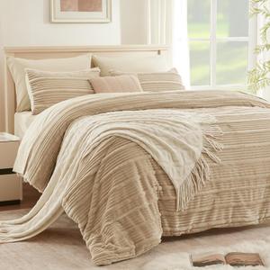 7 Pieces King Comforter Set, Beige Fleece Striped King Bed Set, Soft & Warm Bedding Set, All Season Bed in a Bag Set with 1 Comforter, 2 Pillow Shams, 2 Pillowcases, 1 Flat Sheet, 1 Fitted Sheet 7 Pieces King Comforter Set, Beige Fleece Striped King Bed Set, Soft & Warm Bedding Set, All Season Bed in a Bag Set with 1 Comforter, 2 Pillow Shams, 2 Pillowcases, 1 Flat Sheet, 1 Fitted Sheet