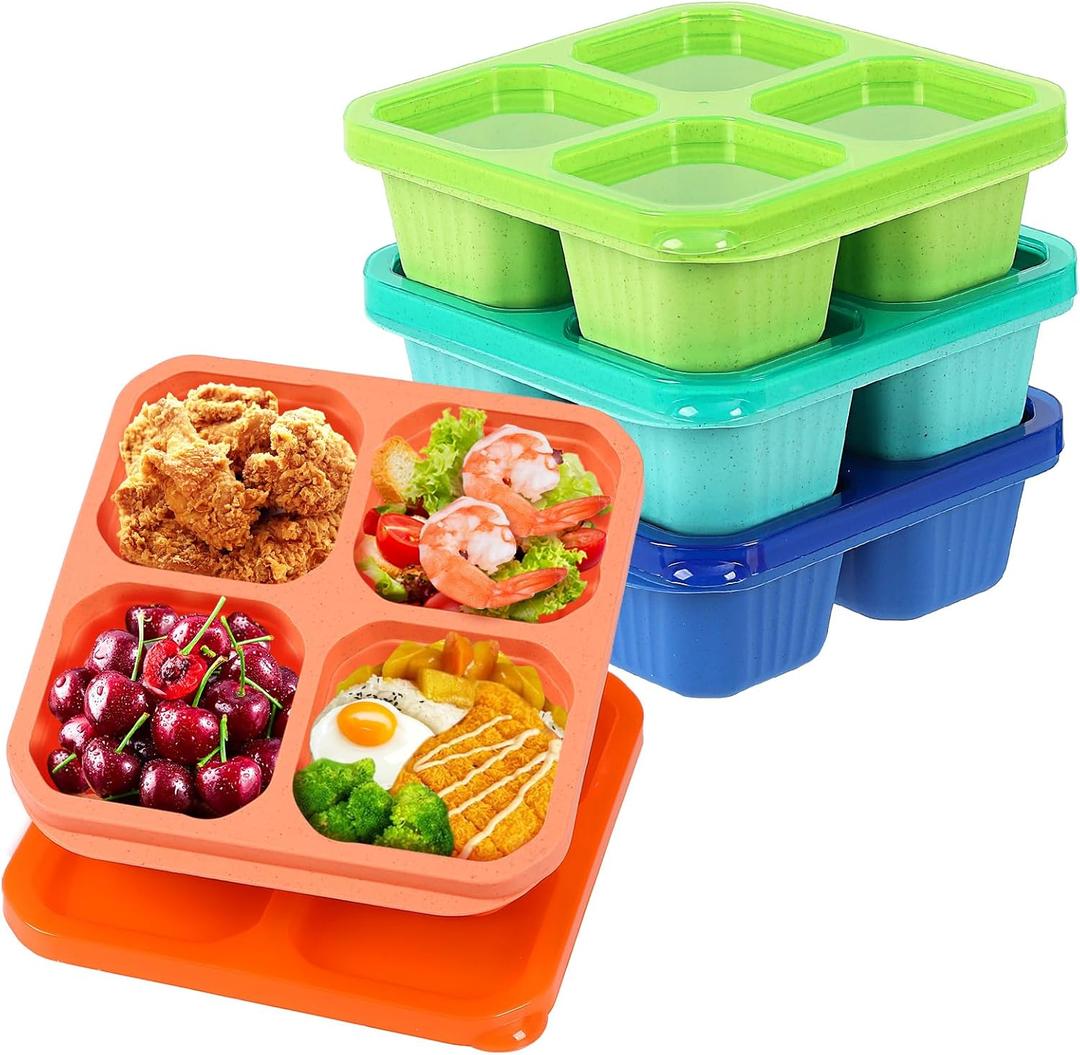4 Pack Bento Snack Containers Set 4 Compartment Food Storage Containers Wheat Straw Meal Prep Lunch Box Plastic Food Storage container, Microwave and Dishwasher Safe (Bright color)