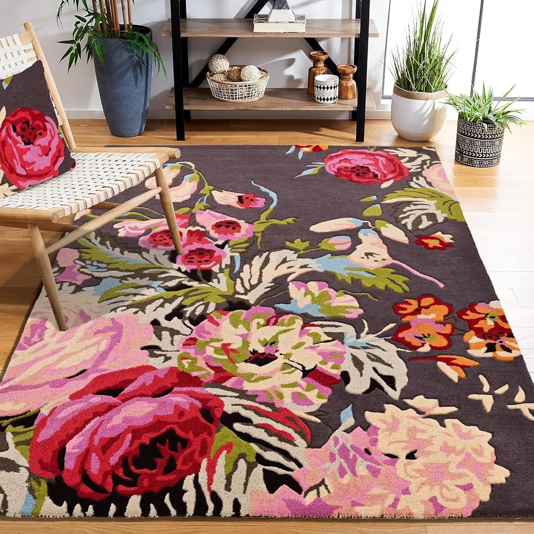 Modern Rose Floral Wool Area Rug | Handmade Area Rug with Garden Colorful Flowers for Living Room Dining Room and Kitchen (Brown, 12x9 ft)