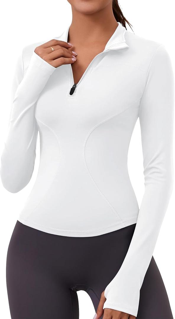 LOMON Womens Long Sleeve Workout Tops Quick Dry Quarter Zip Pullover Crop Yoga Athletic Slim Fit Shirts, White XL