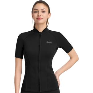 GoldFin Women Wetsuit Top, Womens Short Sleeve Wet Suit Jacket Neoprene Front Zip 2mm Swim Jackets Scuba Swimming Diving Snorkeling Water Aerobics (Medium, Black)