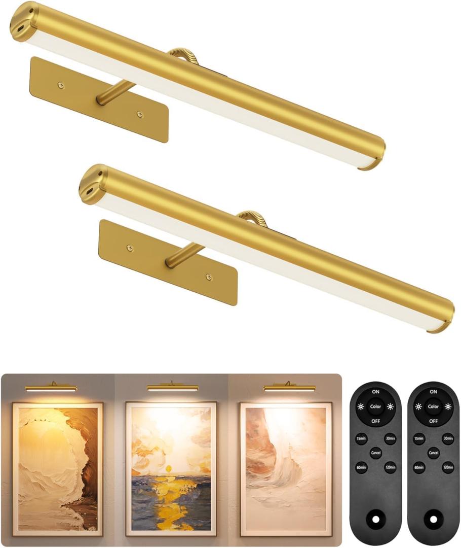 EZVALO Picture Light for Wall, 13in Wireless Rechargeable 4000mAh LED Art Light with Remote, Dimmable 3 Color Temps, Battery Operated Wall Light for Living Room, Bedroom, Gallery (Gold, 2 Pack Set)