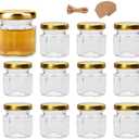 Encheng 1.5oz Clear Hexagon Jars,11 Pcs Mini Honey Jars with Golden Lids,Small Glass Jars with Tags and Jute Twine for Party Favor,Herbs,Jelly,Jams,Spices,Wedding Favor