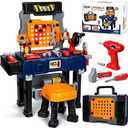 Kids Tool Bench with Electric Drill and Chair, Christmas Birthday Gift for Boys Girls Age 3,4,5+ Fun Play Kids Workbench, Transformable Toddler Tool Box Set, Construction Tool Toys for Toddler 3-5