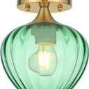 Green Glass Ceiling Light Fixture, 7" Modern Small Semi Flush Mount Ceiling Light with Glass Shade Brushed Gold Lighting Fixtures Ceiling Lamp for Hallway Entryway Foyer Sink Bathroom
