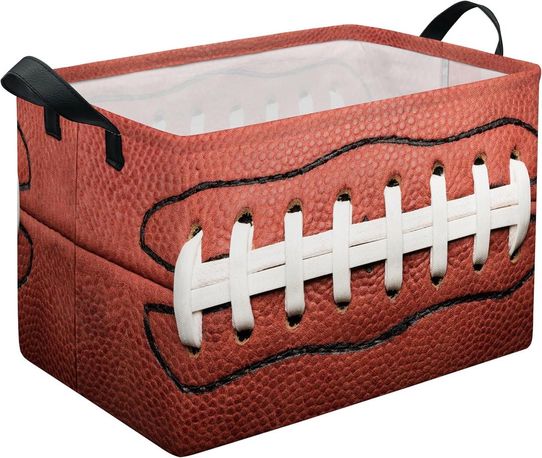 Football Storage Basket, Collapsible Waterproof Canvas Organizer Bin, Funny Rectangular Kids Toys Storage Box Rugby Sport Theme Room Decor, Shelf Baskets for Closet Bedroom Office Dorm (Red)15.5"L x 10"W x 10"H