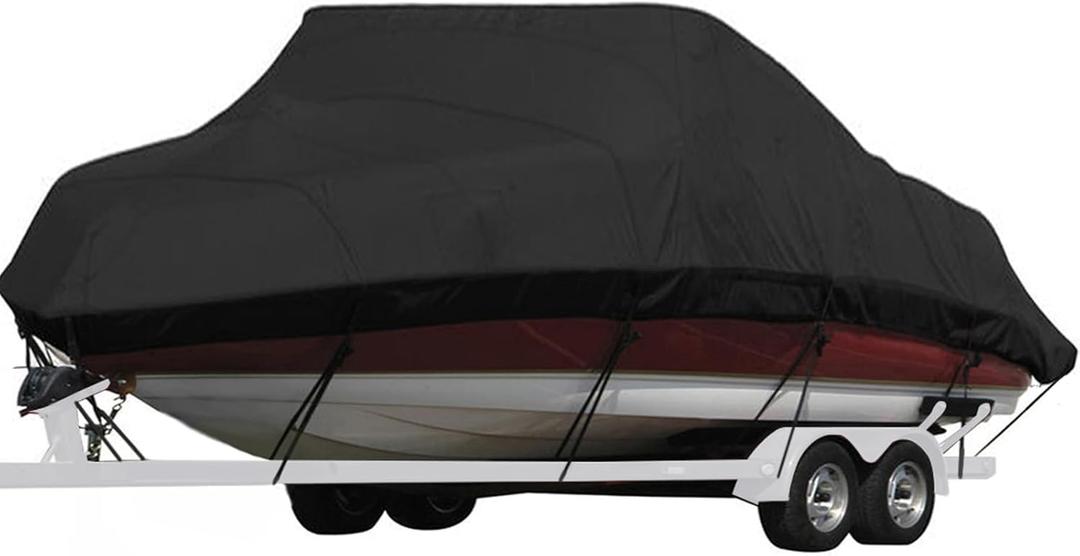 Heavy-Duty Polyester Boat Cover, Waterproof, Fits 17' - 19' V-Hull Tri-Hull Runabout Bass Fish & Ski Boat, Up to 96" Beam Width