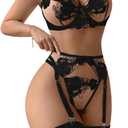 Lilosy Sexy Leaf Floral Embroidered Mesh Sheer Women Underwire Push Up Lingerie Set (Black, L)