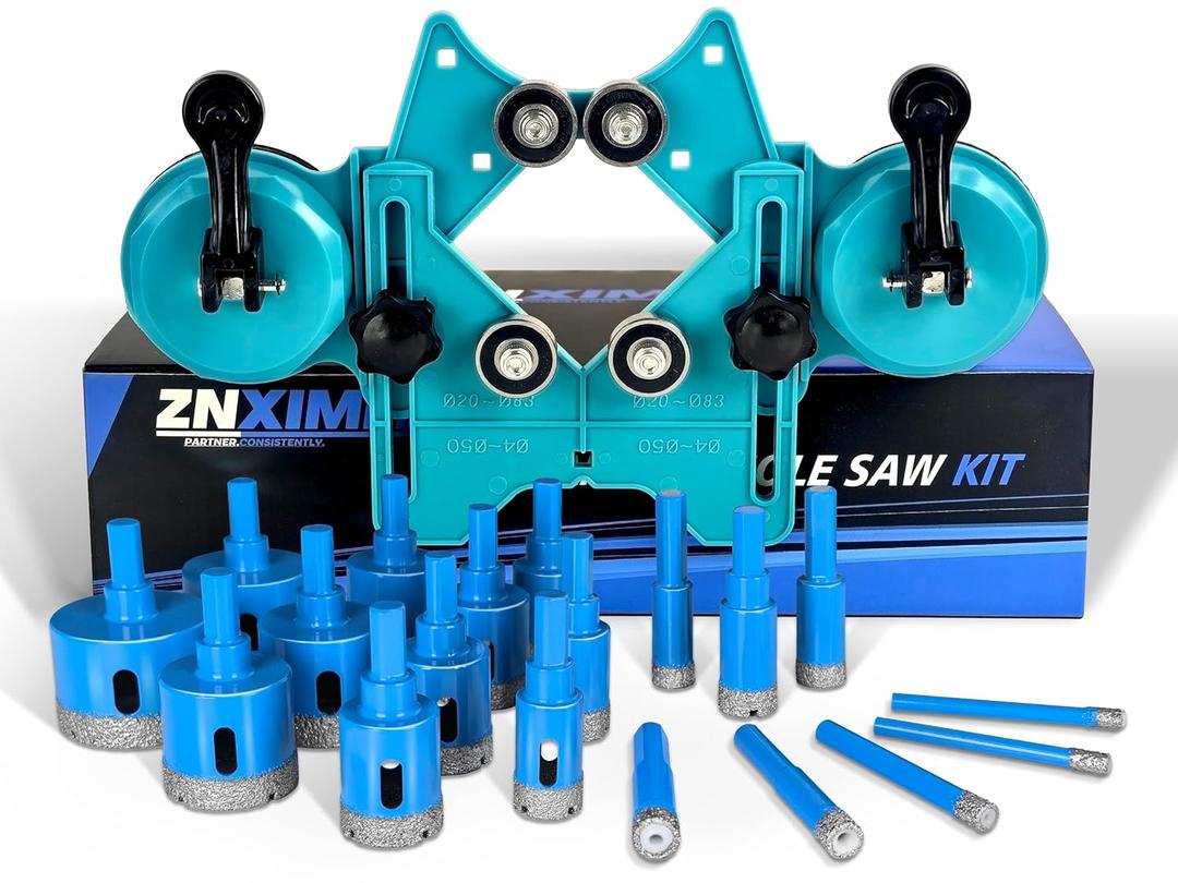 Tile Hole Saw Kit, ZNXIMER 20PCS Diamond Hole Saw Kit with Double Suction Cups Tile Hole Saws Guide for Ceramic, Glass, Porcelain Tiles, Marble, Granite and More Drilling.