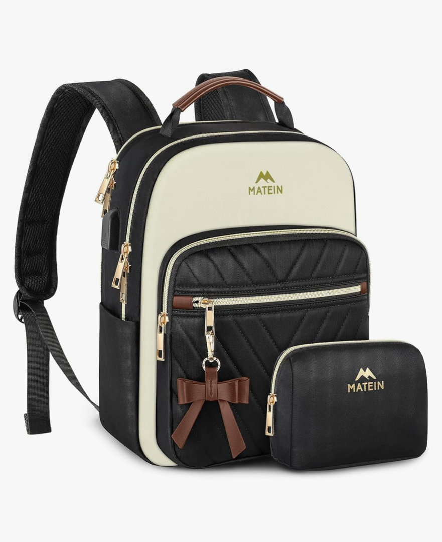 MATEIN Mini Backpack Purse for Women, Fashion Small Purse Backpack with USB Charging Port, Waterproof Casual Daily Cute Shoulder Bag Ladies Handbags for Travel Work College, 2pcs Sets, Black-Beige