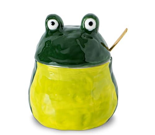 dgudgu Frog Salt Cellar With Lid And Spoon Ceramic Salt Container Green Salt Box Cute Salt Containers For Countertop– Elegant Salt Holder For Countertop Missing Spoon