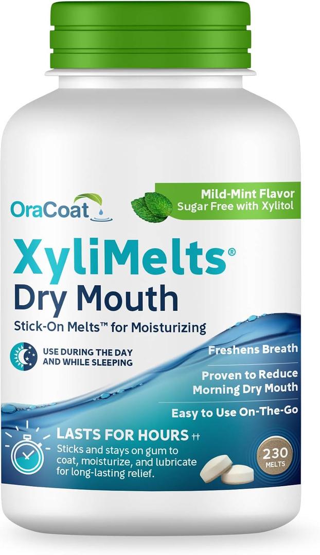Oracoat XyliMelts for Dry Mouth Night Time or Day - Moisturizing Dry Mouth Adhering Discs, Sugar Free with Xylitol, 230 Count, Mild- Mint Flavor, 8-Hour Relief  (EXP: 08/2029)